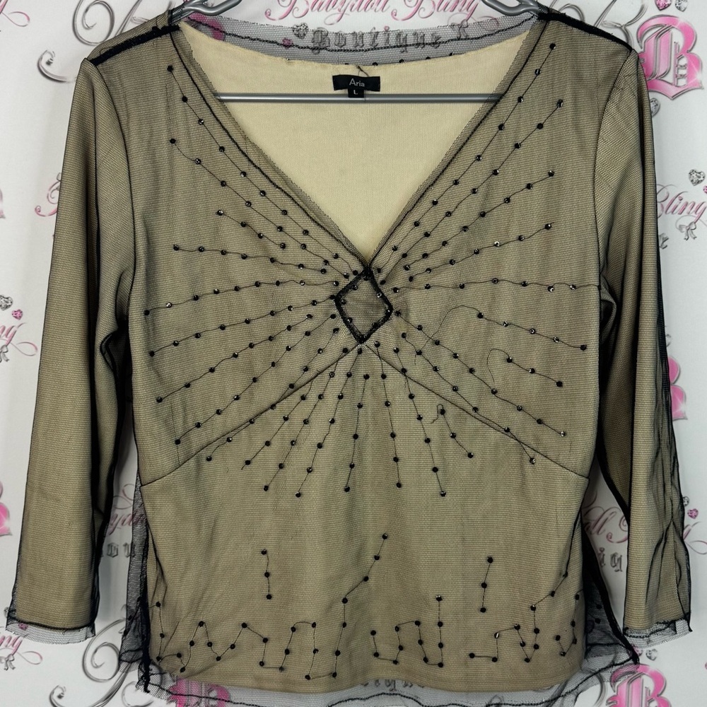 Aria long sleeve mesh embroidered sequins sparkly Black Beaded Sheer Blouse